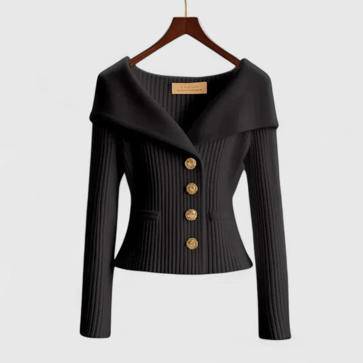 Black Women's Off-Shoulder Knit Cardigan with Button-Front & Ribbed Detail