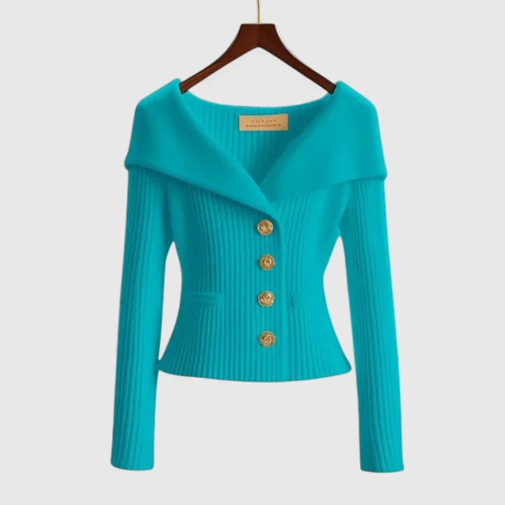 Blue Women's Off-Shoulder Knit Cardigan with Button-Front & Ribbed Detail