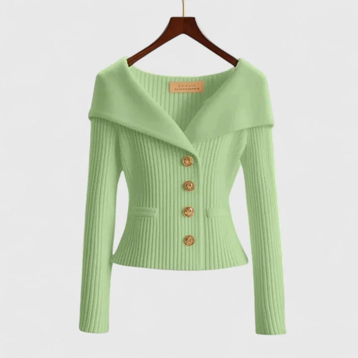 Green Women's Off-Shoulder Knit Cardigan with Button-Front & Ribbed Detail