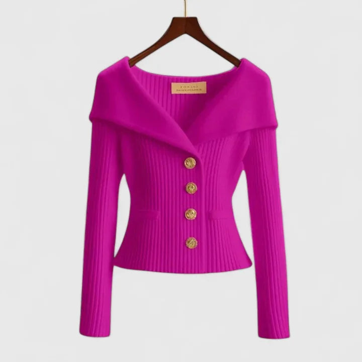Pink Women's Off-Shoulder Knit Cardigan with Button-Front & Ribbed Detail