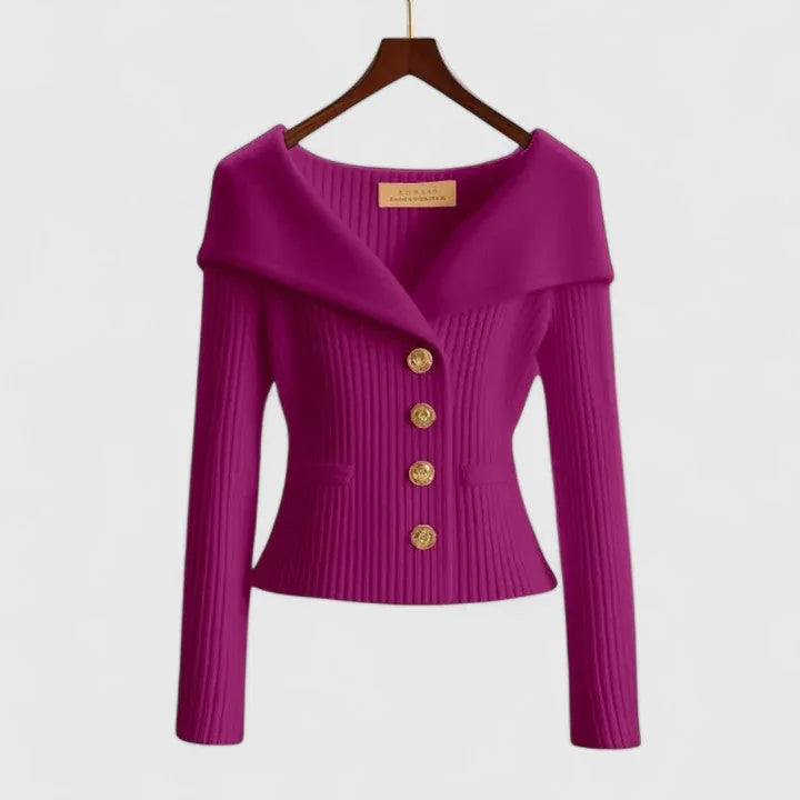 Lilac Women's Off-Shoulder Knit Cardigan with Button-Front & Ribbed Detail - Front Collar