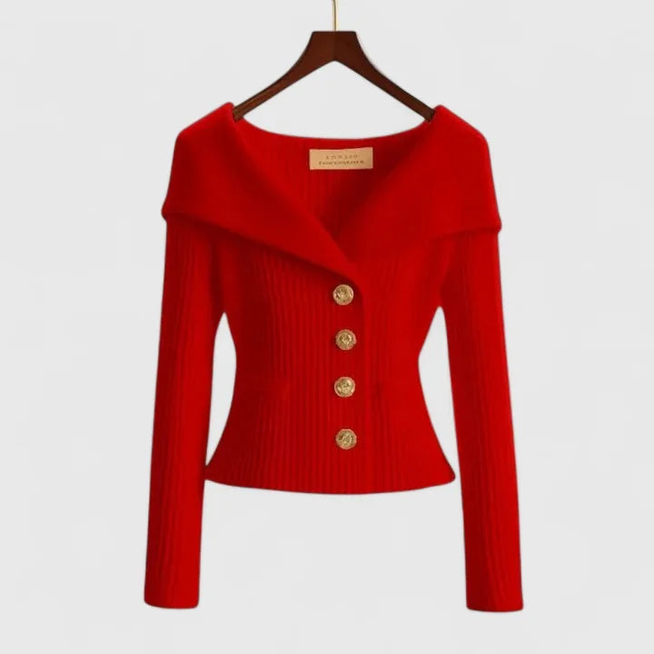 Red Women's Off-Shoulder Knit Cardigan with Button-Front & Ribbed Detail