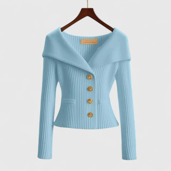 Sky Blue Women's Off-Shoulder Knit Cardigan with Button-Front & Ribbed Detail - Front Neckline