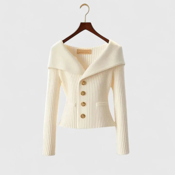 White Women's Off-Shoulder Knit Cardigan with Button-Front & Ribbed Detail - Front Detail