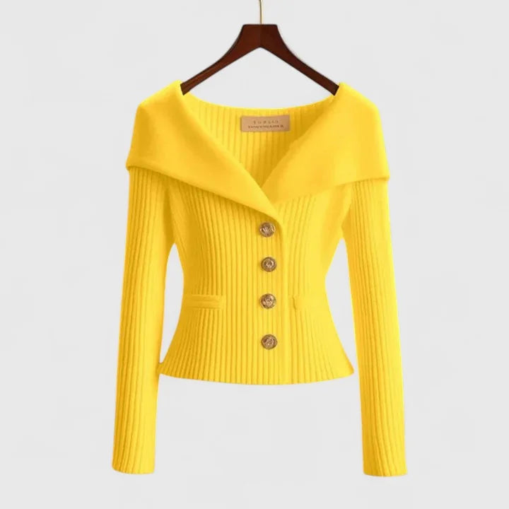Yellow Women's Off-Shoulder Knit Cardigan with Button-Front & Ribbed Detail