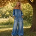 Women's Off-Shoulder Denim Overall — Willow Wide-Leg Button-Front