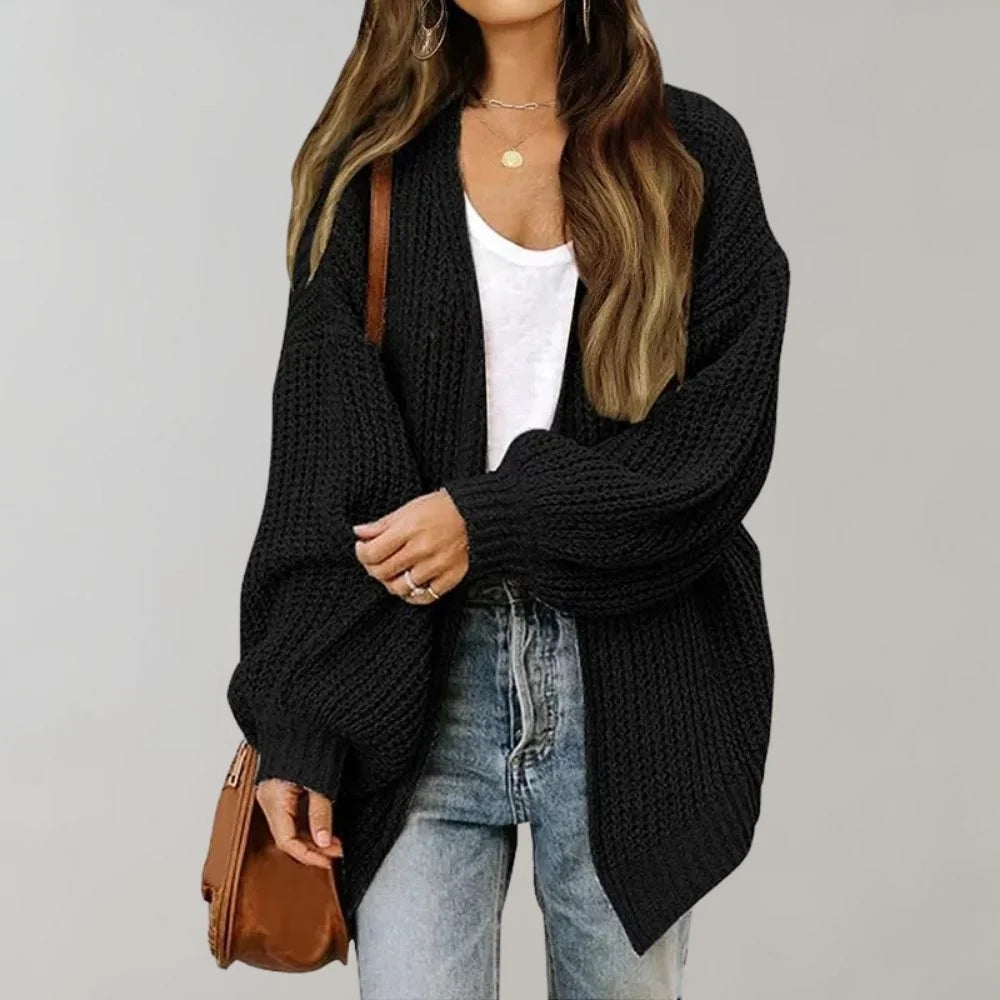 Black Women's Open Front Cardigan with Drop Shoulder & Relaxed Fit