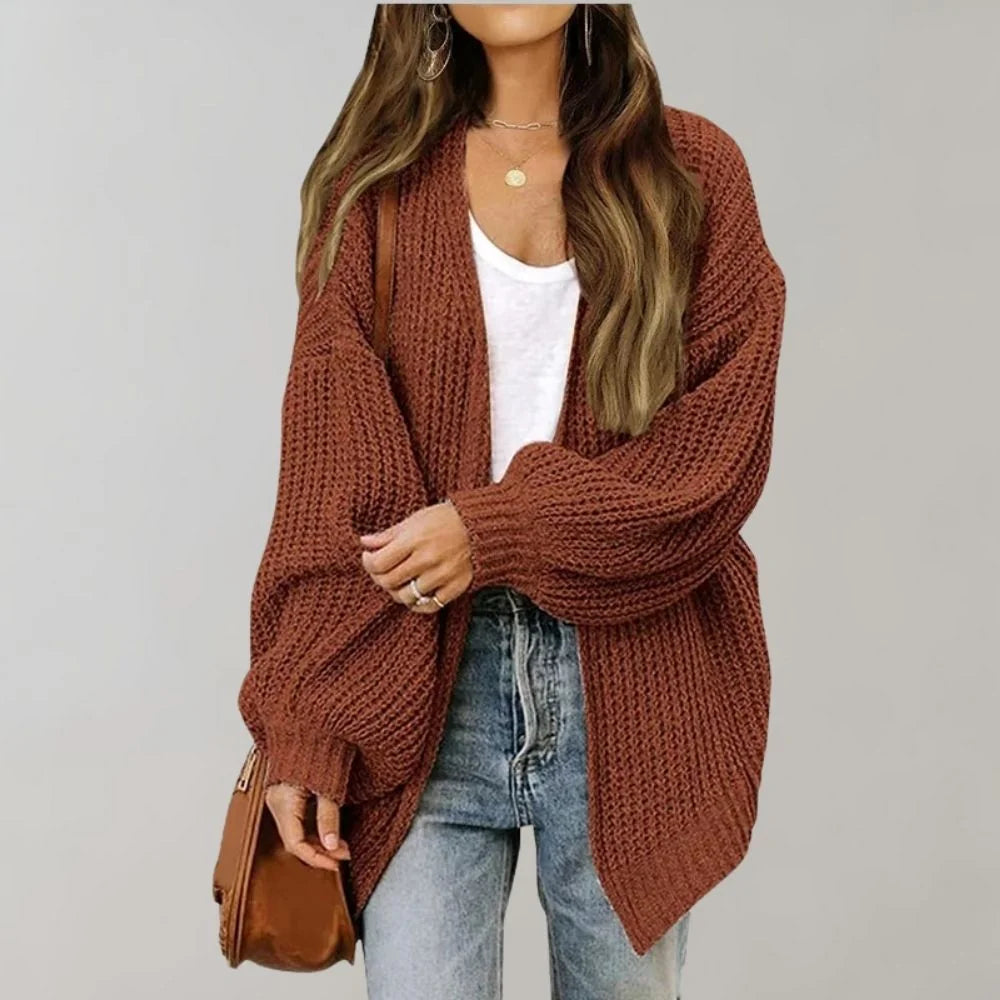 Brown Women's Open Front Cardigan with Drop Shoulder & Relaxed Fit