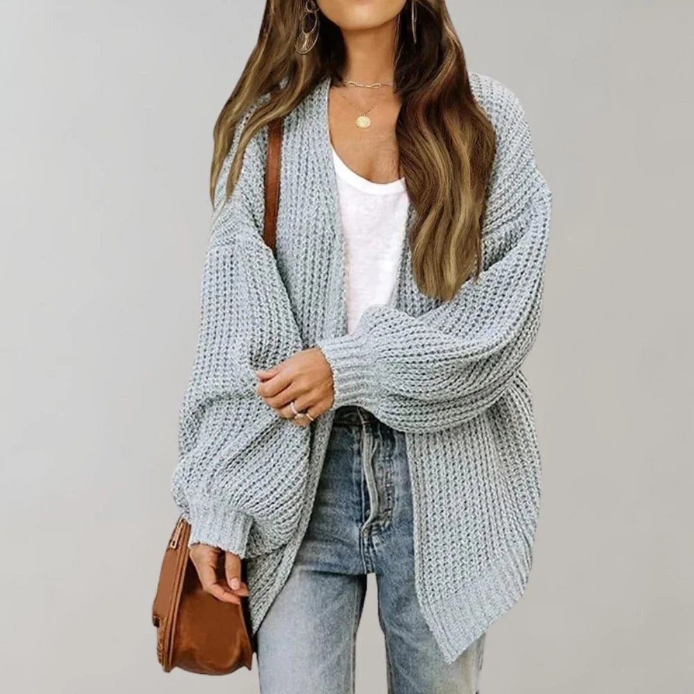 Grey Women's Open Front Cardigan with Drop Shoulder & Relaxed Fit