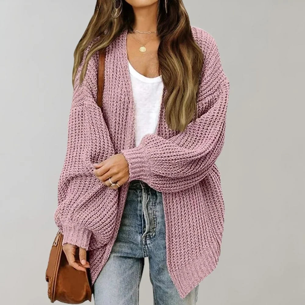Pink Women's Open Front Cardigan with Drop Shoulder & Relaxed Fit