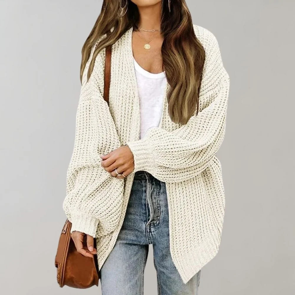 White Women's Open Front Cardigan with Drop Shoulder & Relaxed Fit