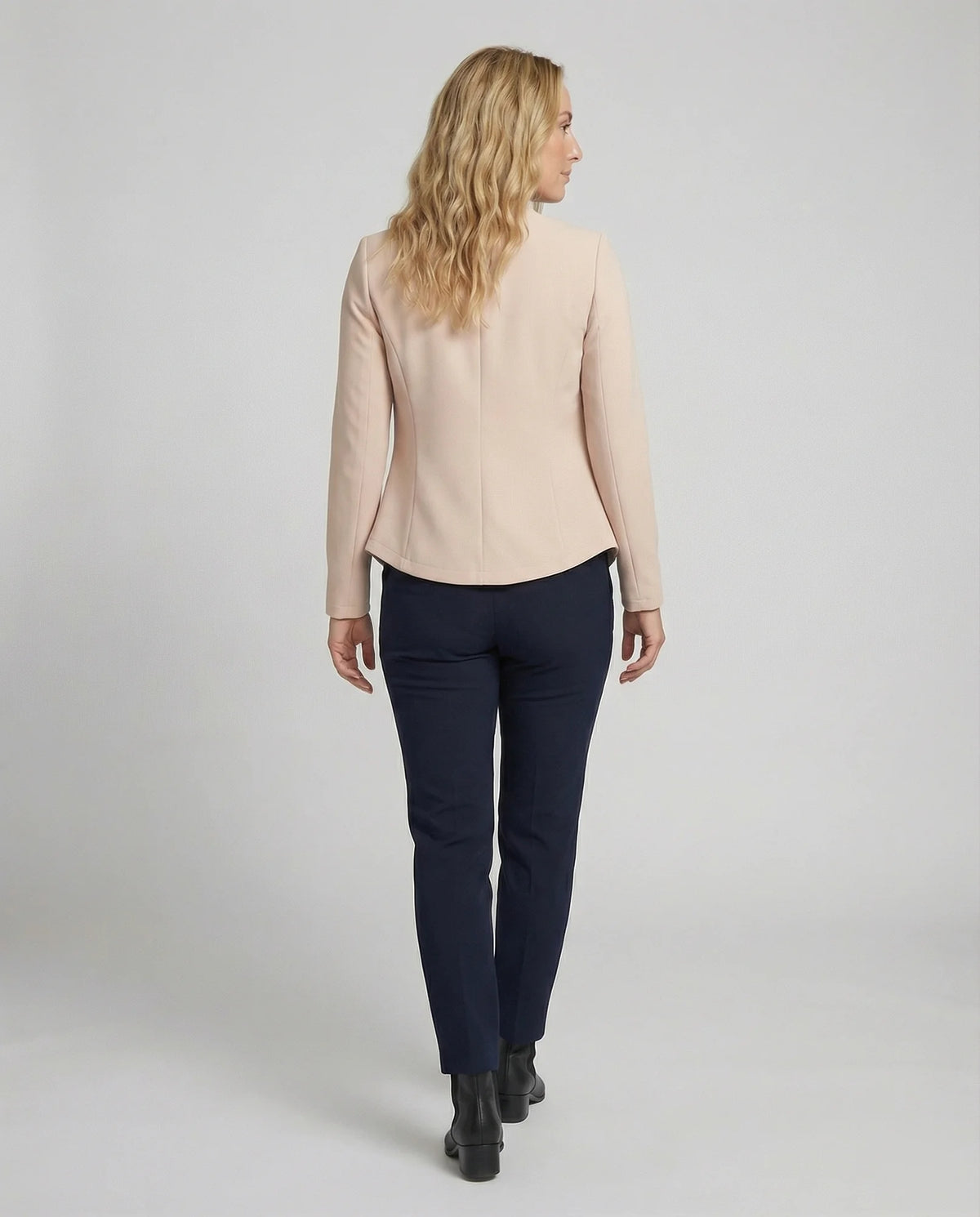Women's Open-Front Tailored Blazer with Curved Hem - Back Worn