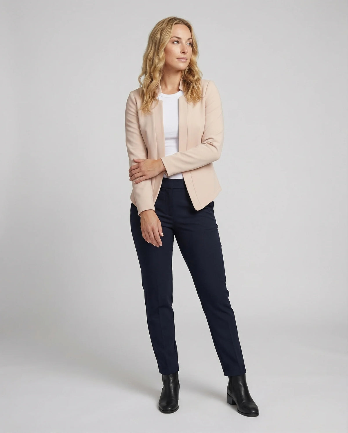 Women's Open-Front Tailored Blazer with Curved Hem - Full Body Worn