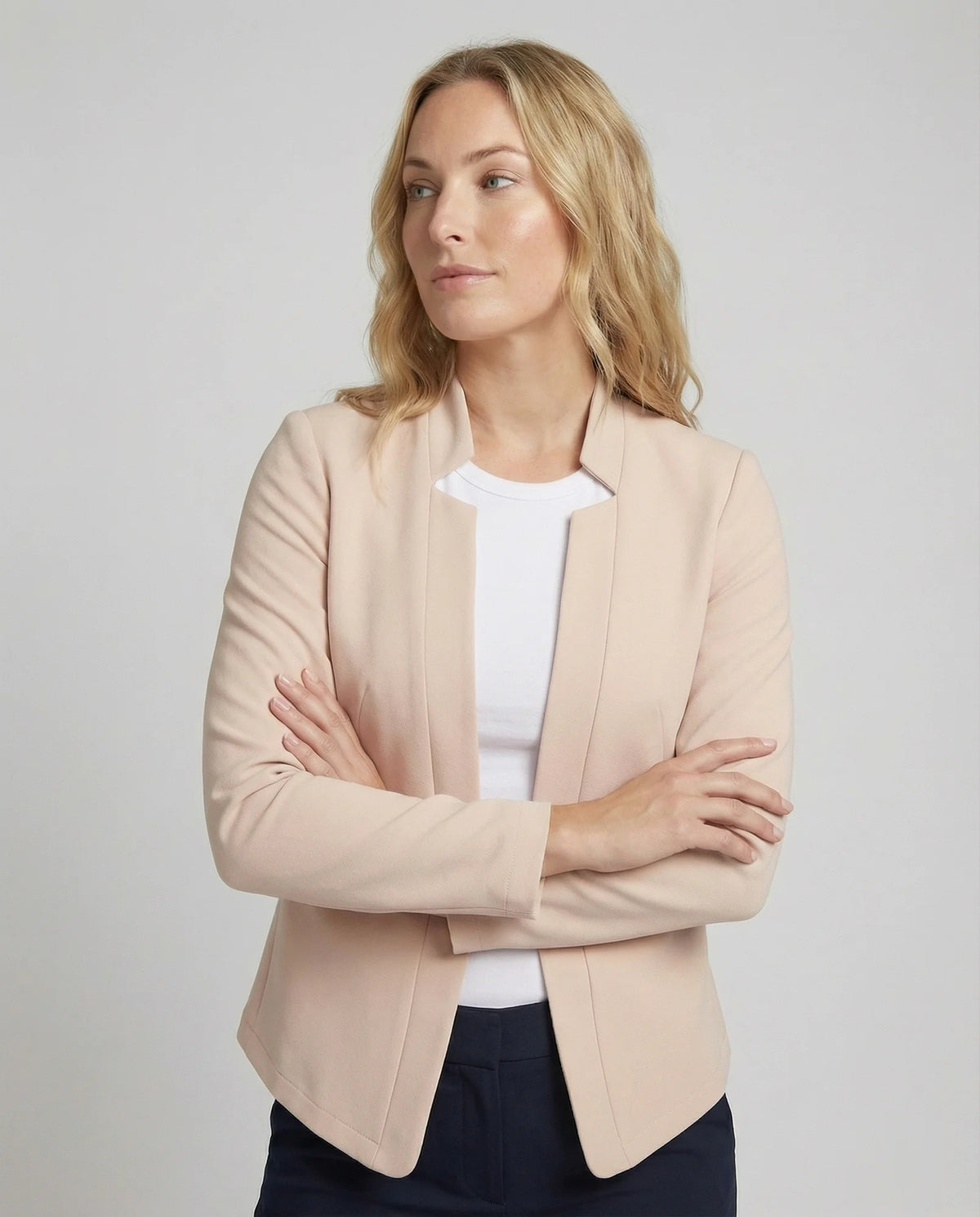 Khaki Women's Open-Front Tailored Blazer with Curved Hem