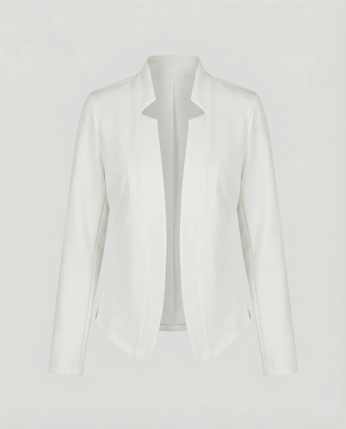 White Women's Open-Front Tailored Blazer with Curved Hem - Flat Lay