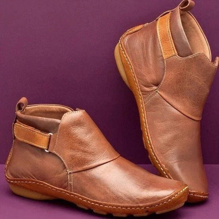 Brown Women's Orthopedic Ankle Boots with Slip-On Design & Pull-Tab Heel - Pair Angled View