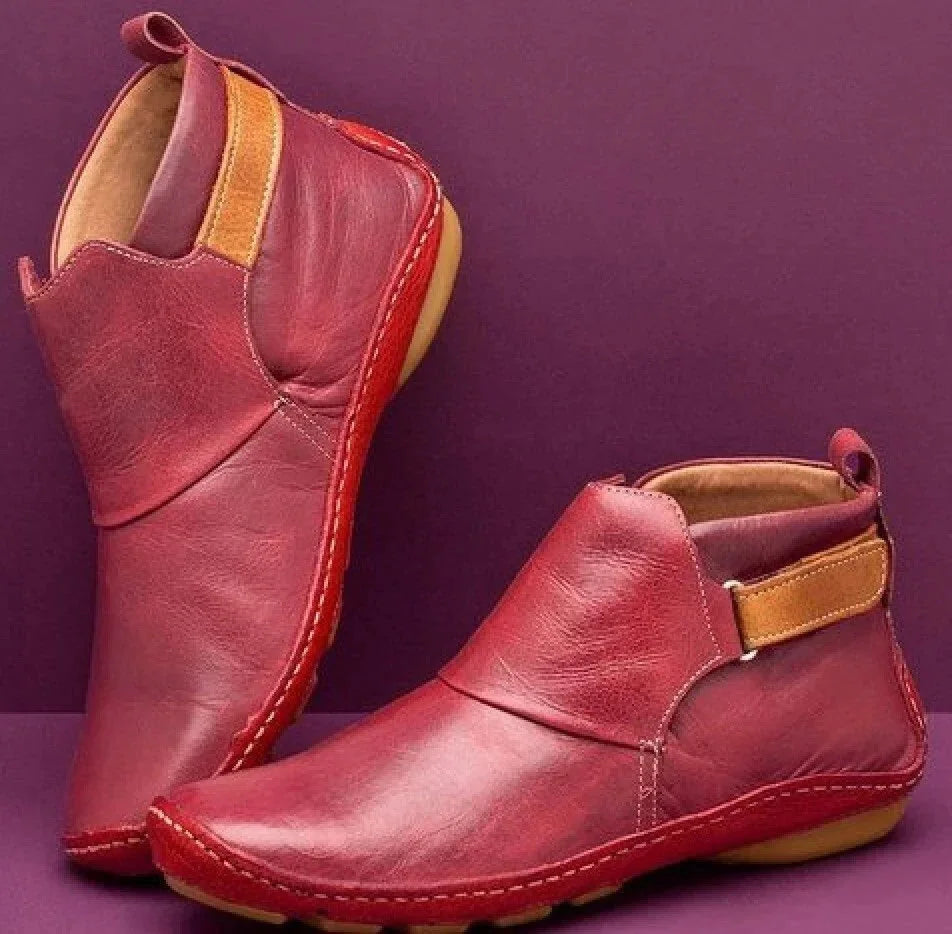 Red Women's Orthopedic Ankle Boots with Slip-On Design & Pull-Tab Heel - Pair Side Profile