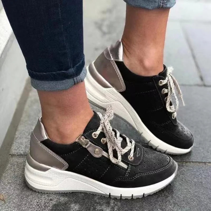 Black Women's Orthopedic Walking Shoes with Lace-Up Closure & Cushioned Sole — Allie - Close Up Laces