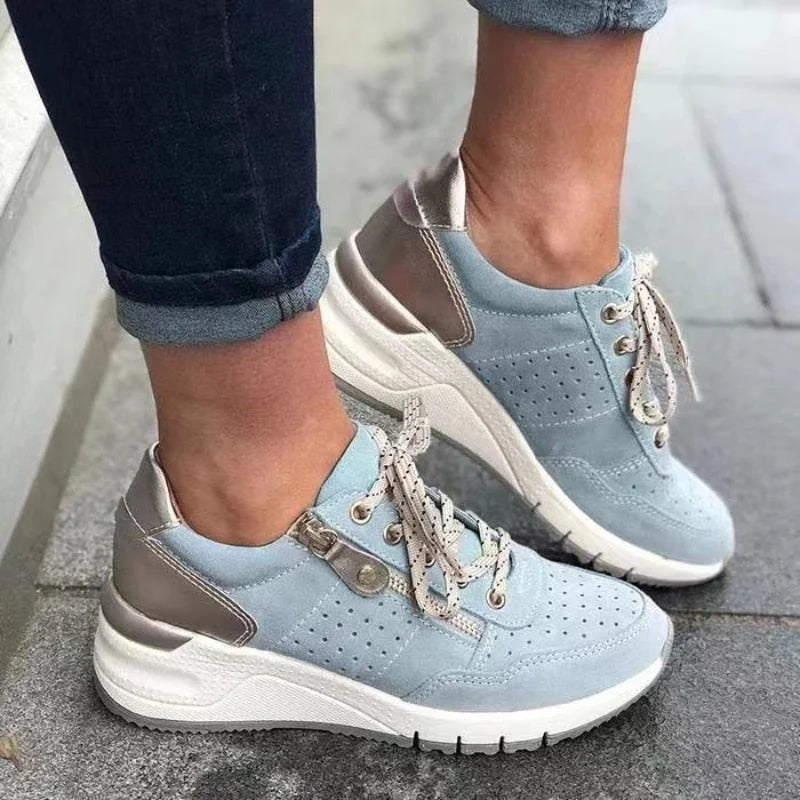 Blue Women's Orthopedic Walking Shoes with Lace-Up Closure & Cushioned Sole — Allie - Side Pose