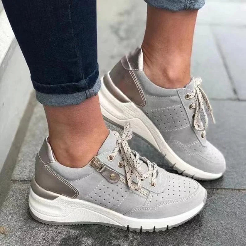 Grey Women's Orthopedic Walking Shoes with Lace-Up Closure & Cushioned Sole — Allie - Front View