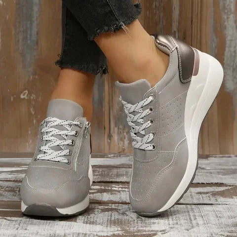 Grey Women's Orthopedic Walking Shoes with Lace-Up Closure & Cushioned Sole — Allie - Studio Pose