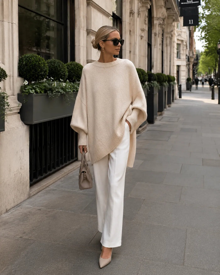 Apricot Women's Oversized Asymmetric Sweater with Ribbed Hem & Long Sleeves