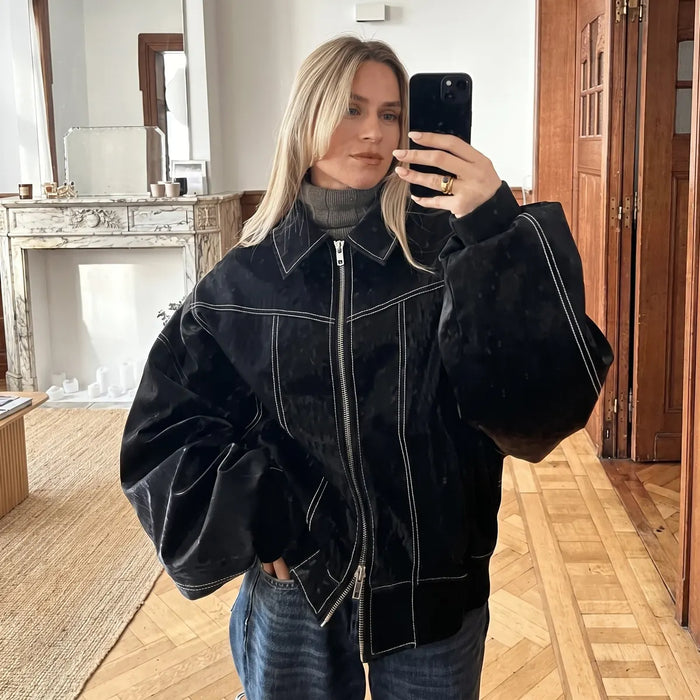 Black Women's Oversized Bomber Jacket with Contrast Stitch & Ribbed Cuffs