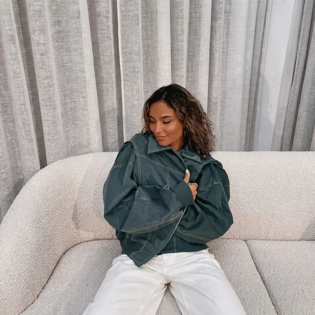Green Women's Oversized Bomber Jacket with Contrast Stitch & Ribbed Cuffs