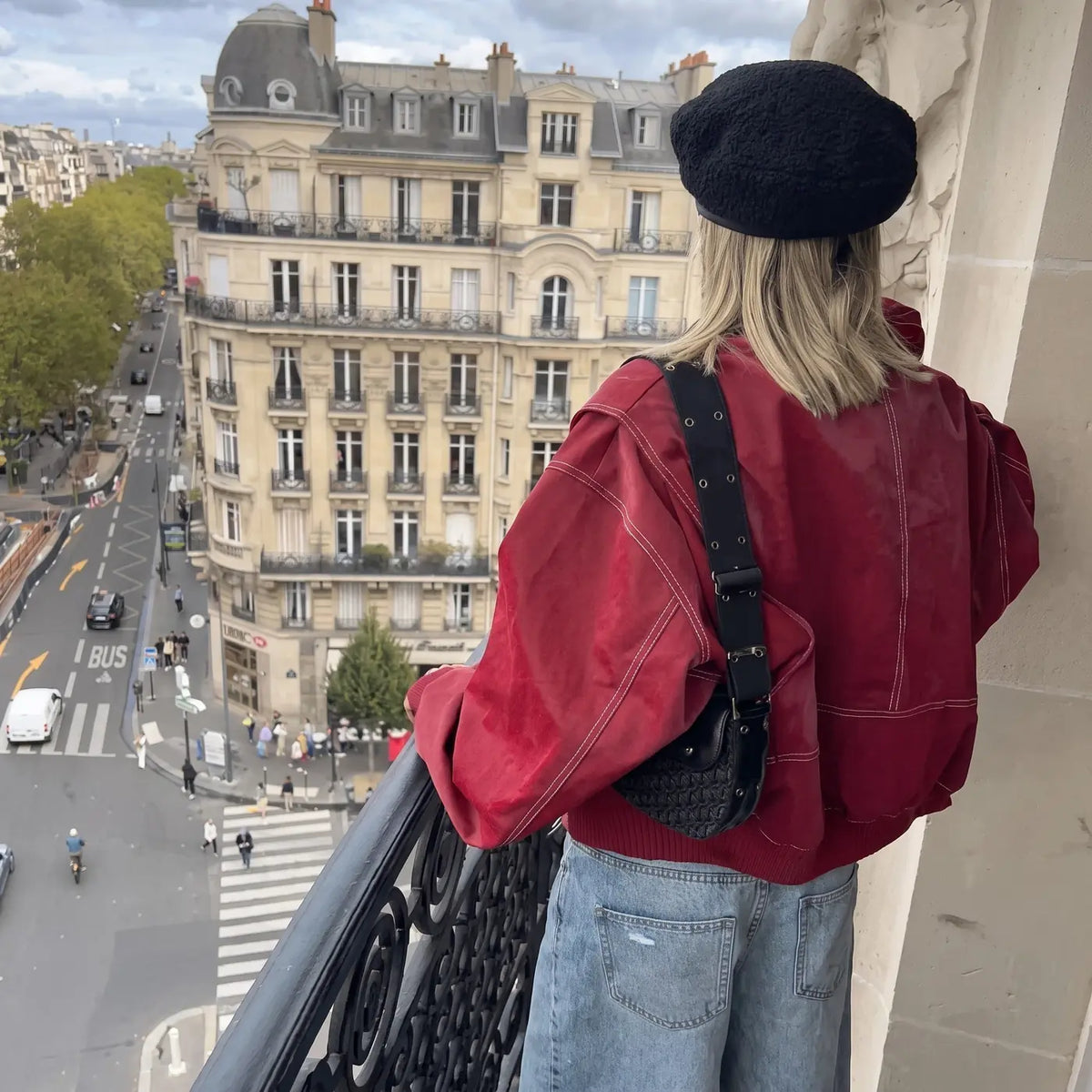 Red Women's Oversized Bomber Jacket with Contrast Stitch & Ribbed Cuffs