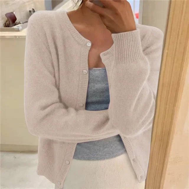Beige Women's Oversized Cardigan with Button-Front & Ribbed Cuffs