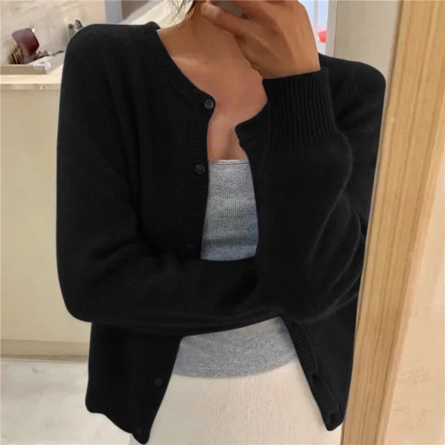 Black Women's Oversized Cardigan with Button-Front & Ribbed Cuffs