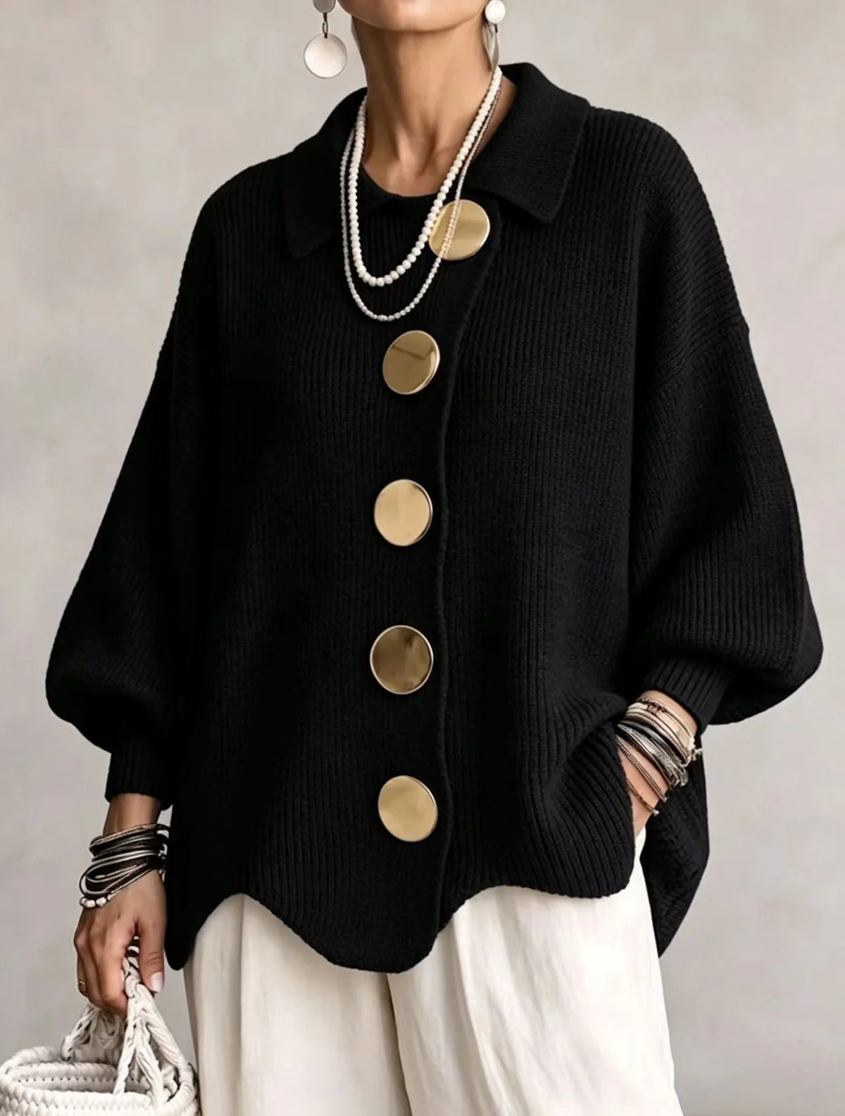 Black Women's Oversized Cardigan with Asymmetric Button Placket & Lantern Sleeves — Fern