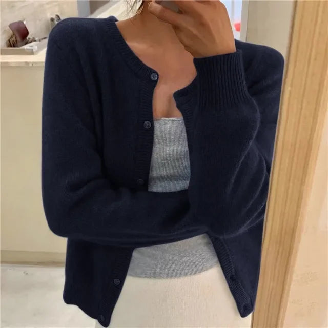 Blue Navy Women's Oversized Cardigan with Button-Front & Ribbed Cuffs