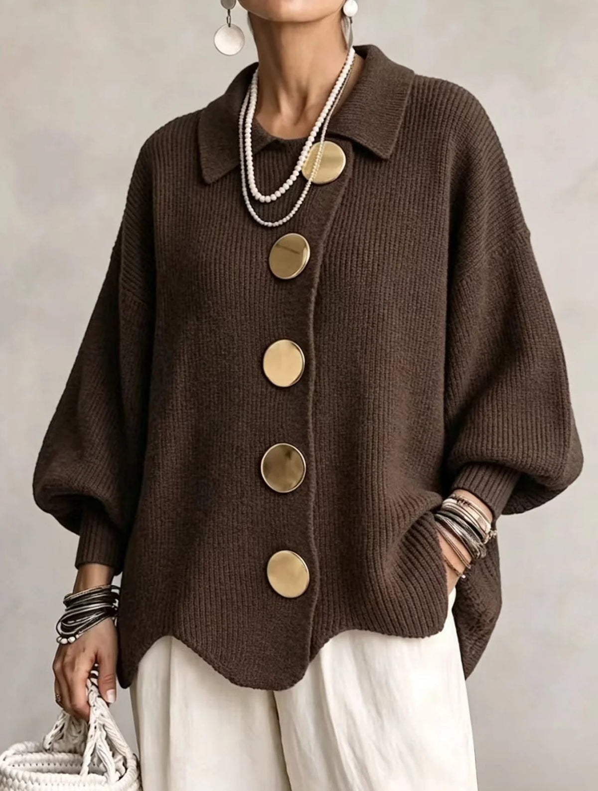 Brown Women's Oversized Cardigan with Asymmetric Button Placket & Lantern Sleeves — Fern
