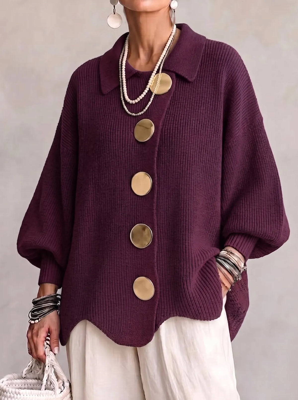 Burgundy Women's Oversized Cardigan with Asymmetric Button Placket & Lantern Sleeves — Fern