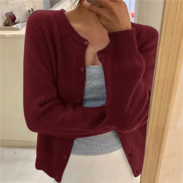 Dark Red Women's Oversized Cardigan with Button-Front & Ribbed Cuffs - Front Standing