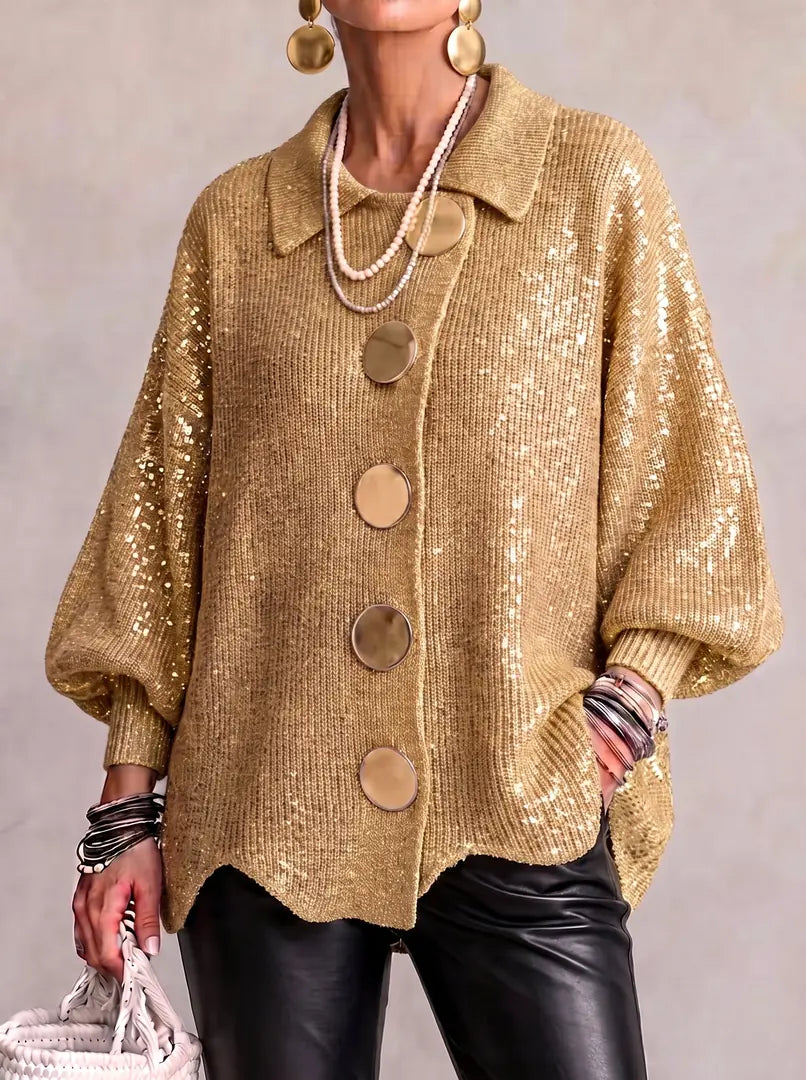 Gold Women's Oversized Cardigan with Asymmetric Button Placket & Lantern Sleeves — Fern