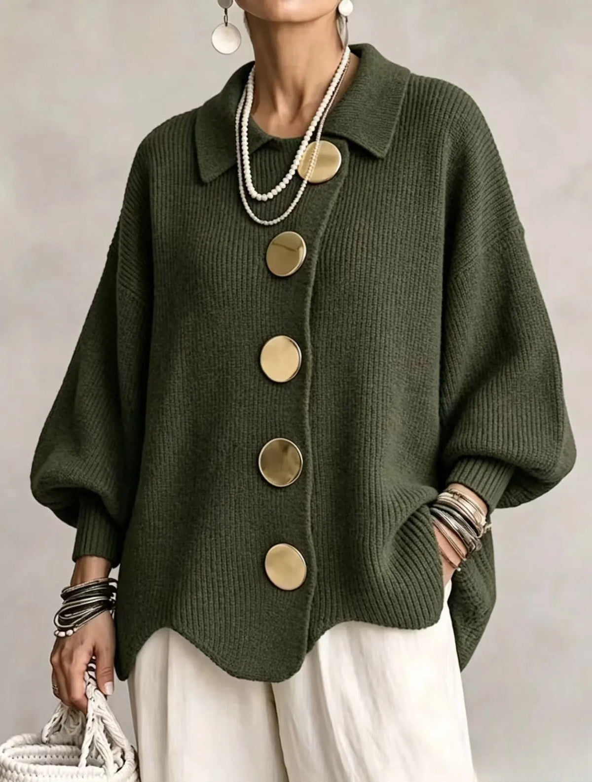 Green Women's Oversized Cardigan with Asymmetric Button Placket & Lantern Sleeves — Fern