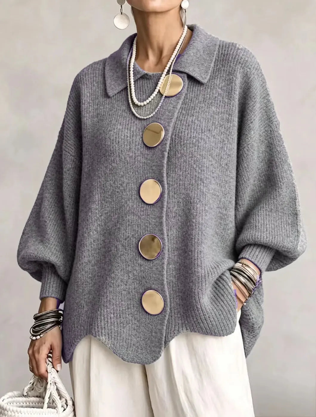 Grey Women's Oversized Cardigan with Asymmetric Button Placket & Lantern Sleeves — Fern