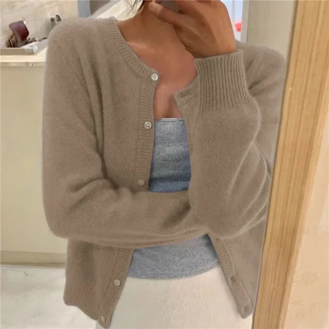 Khaki Women's Oversized Cardigan with Button-Front & Ribbed Cuffs - Front Close