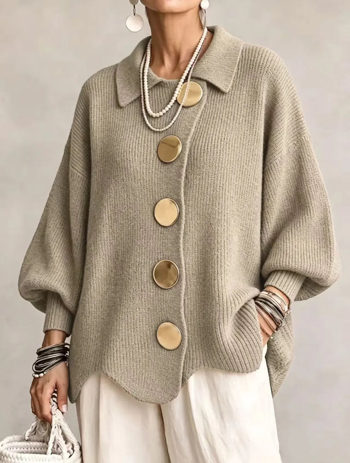 Khaki Women's Oversized Cardigan with Asymmetric Button Placket & Lantern Sleeves — Fern