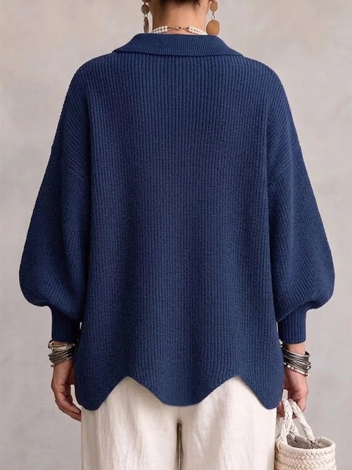 Navy Blue Women's Oversized Cardigan with Asymmetric Button Placket & Lantern Sleeves — Fern - Back Full