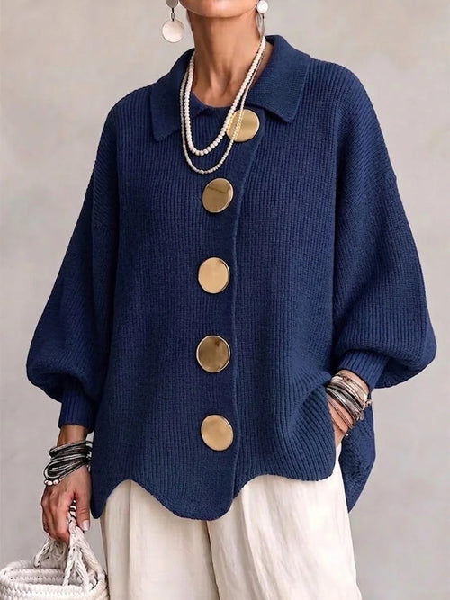 Navy Blue Women's Oversized Cardigan with Asymmetric Button Placket & Lantern Sleeves — Fern
