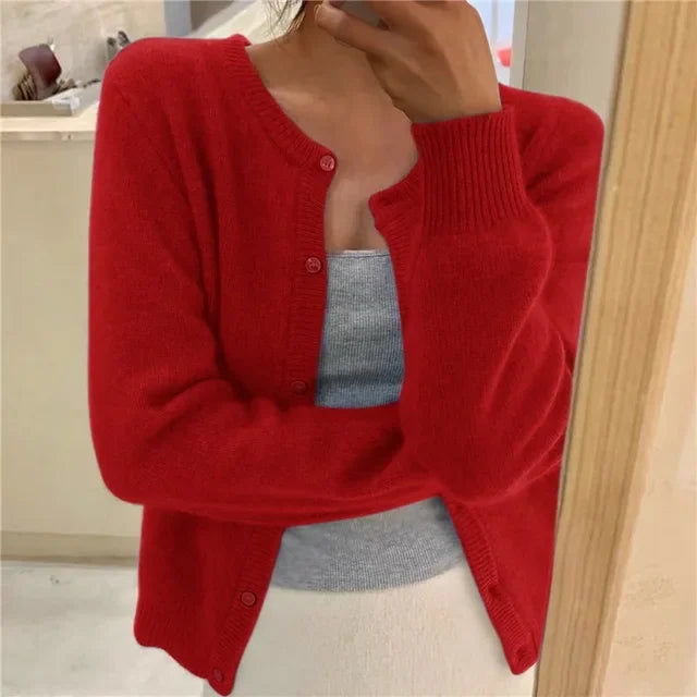 Red Women's Oversized Cardigan with Button-Front & Ribbed Cuffs
