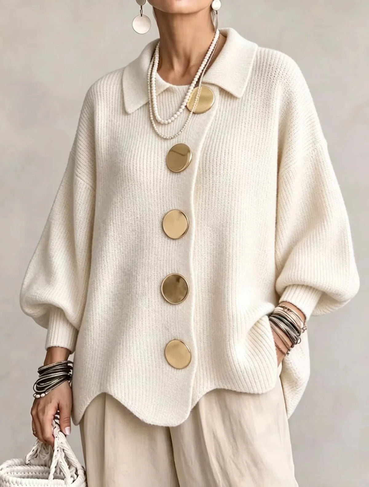 White Women's Oversized Cardigan with Asymmetric Button Placket & Lantern Sleeves — Fern