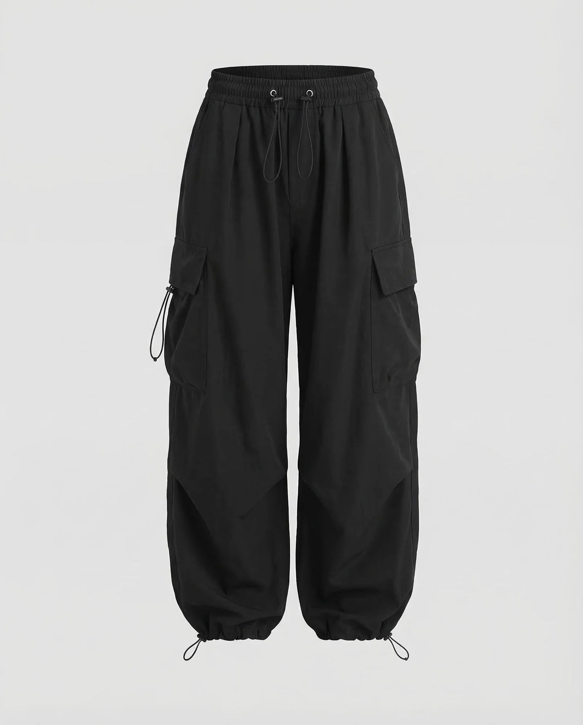 Black Women's Oversized Cargo Pants with Drawstring Waist & Flap Pockets — Layla