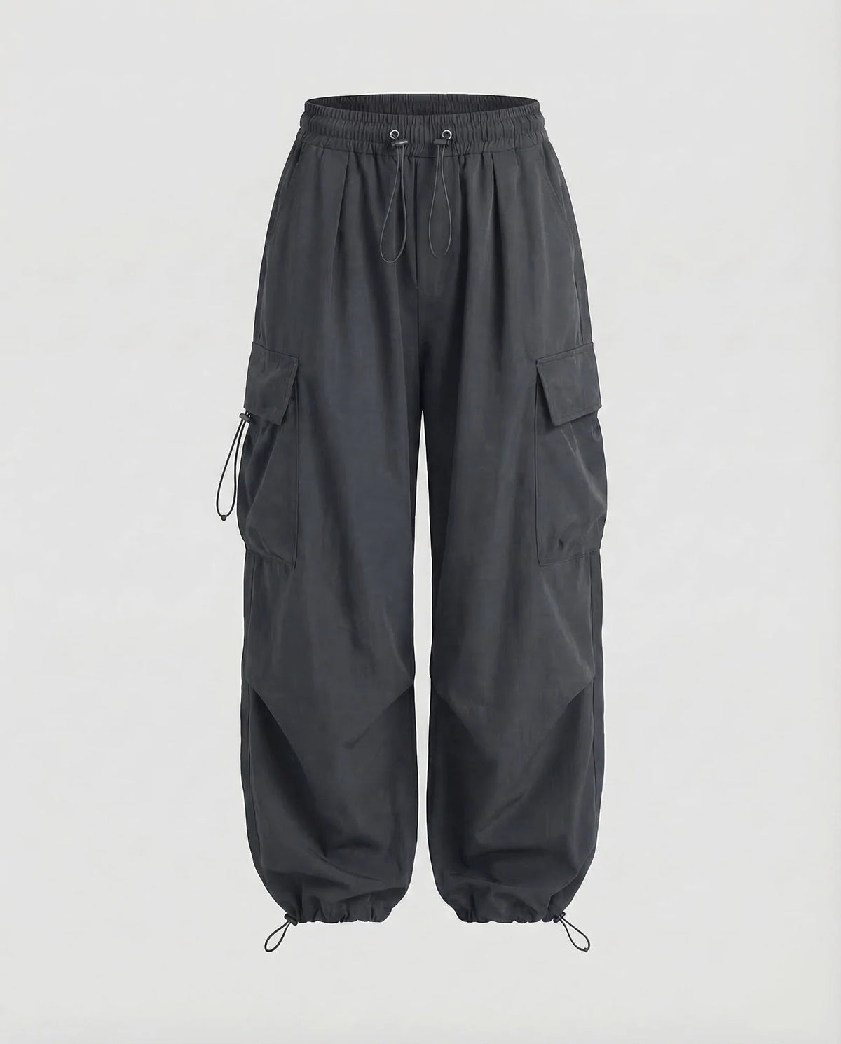 Gray Women's Oversized Cargo Pants with Drawstring Waist & Flap Pockets — Layla