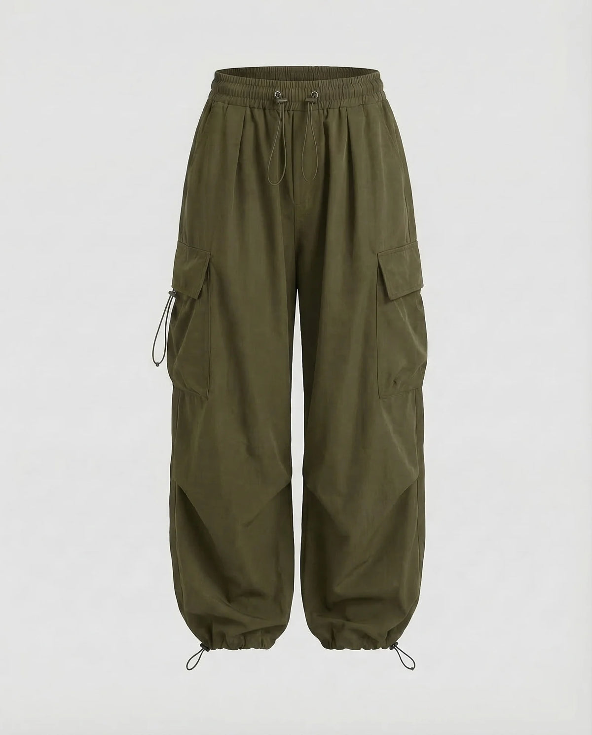 Olive Green Women's Oversized Cargo Pants with Drawstring Waist & Flap Pockets — Layla - Flat Lay