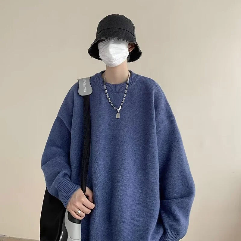 Dark Blue Women's Oversized Sweater with Round Neckline & Stretchy Cuffs - Worn Bucket Hat Bag