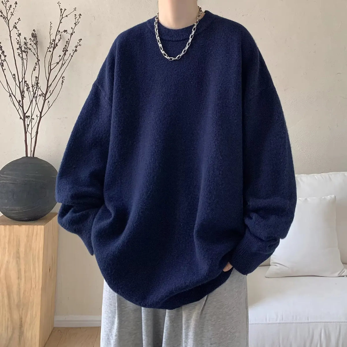 Blue Women's Oversized Sweater with Round Neckline & Stretchy Cuffs